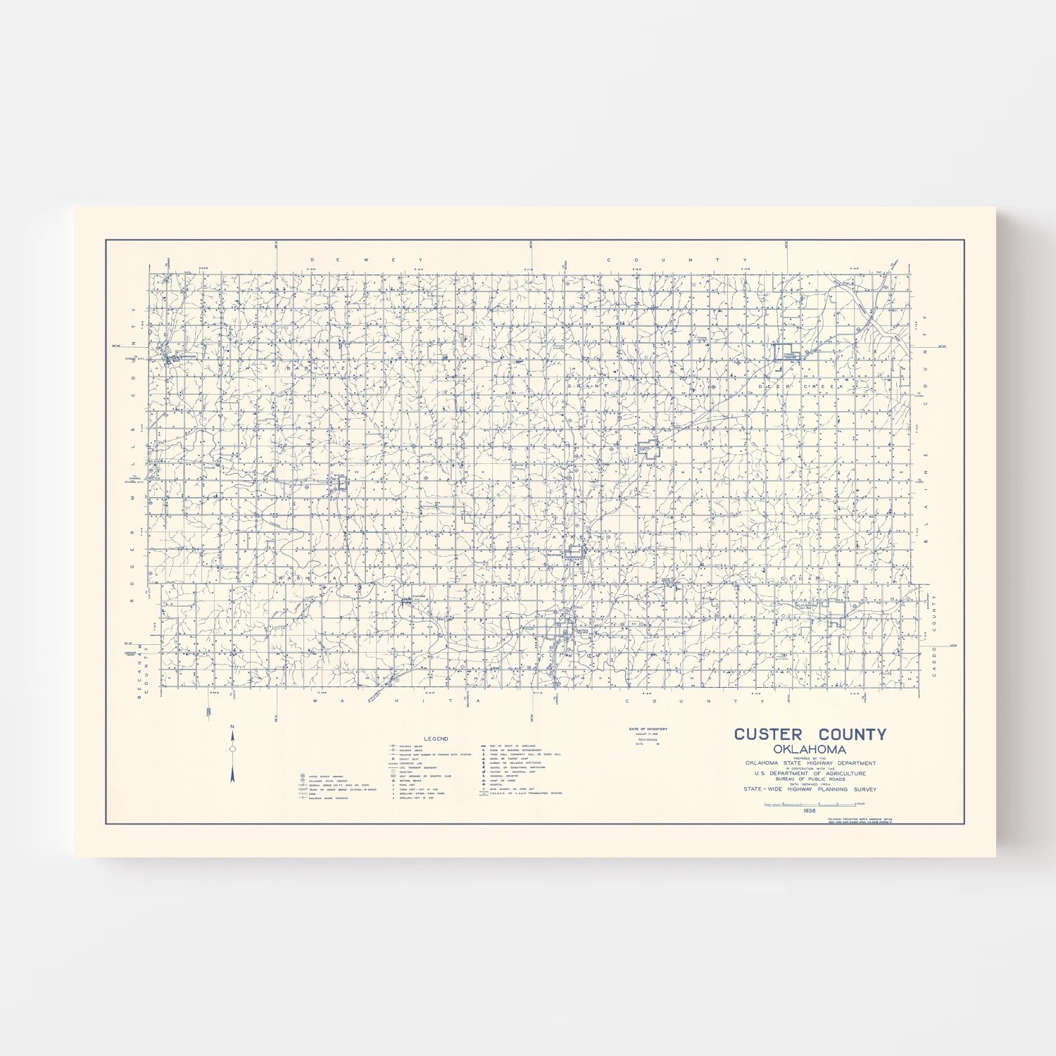 Vintage Map of Custer County, Oklahoma 1936 by Ted's Vintage Art