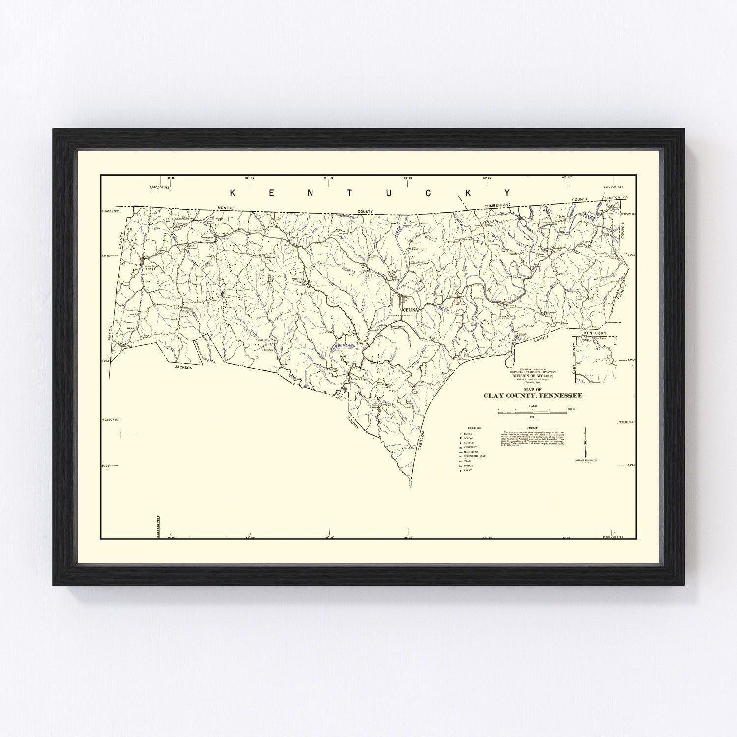 Vintage Map Of Clay County, Tennessee 1938 By Ted's Vintage Art