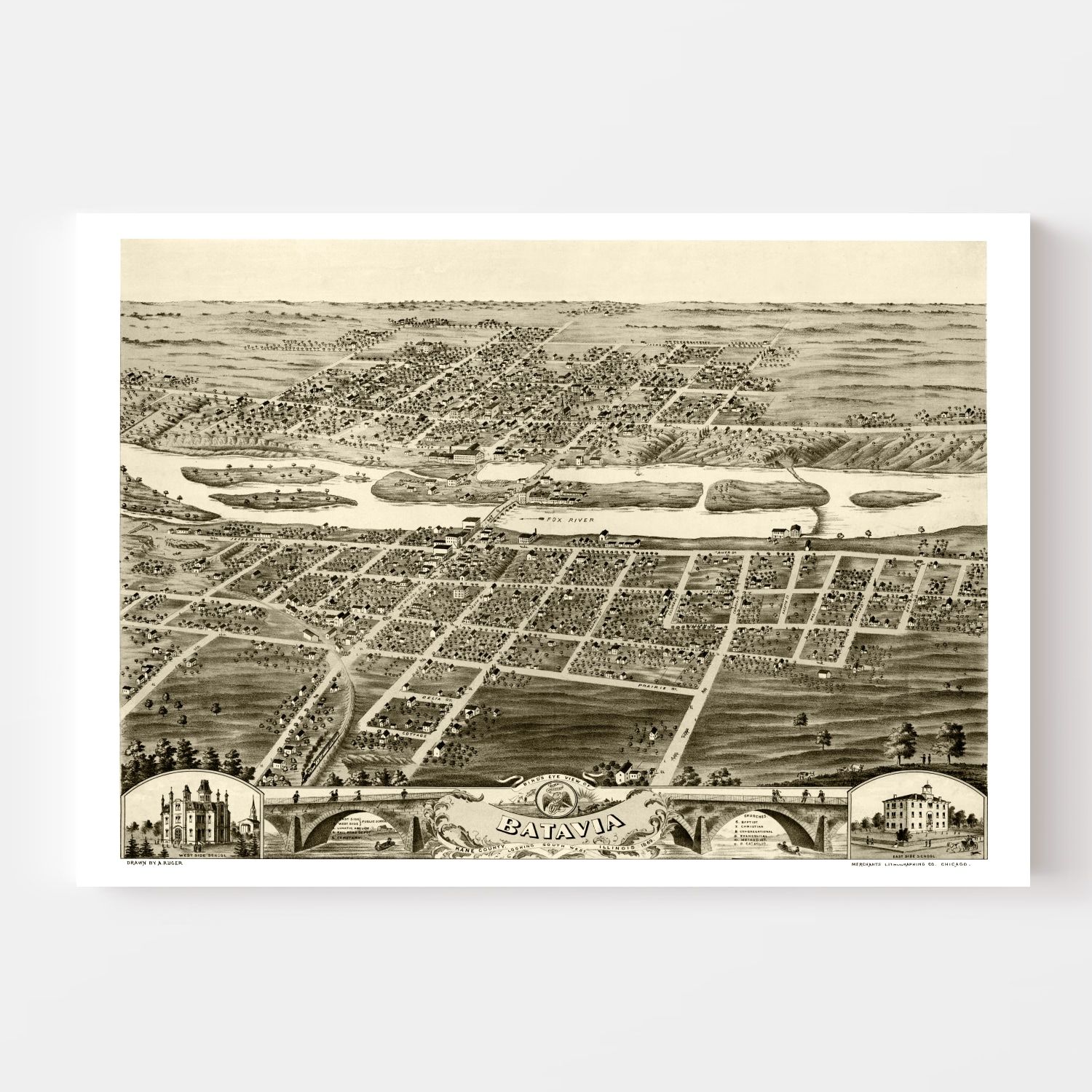 Vintage Map of Batavia, Illinois 1869 by Ted's Vintage Art