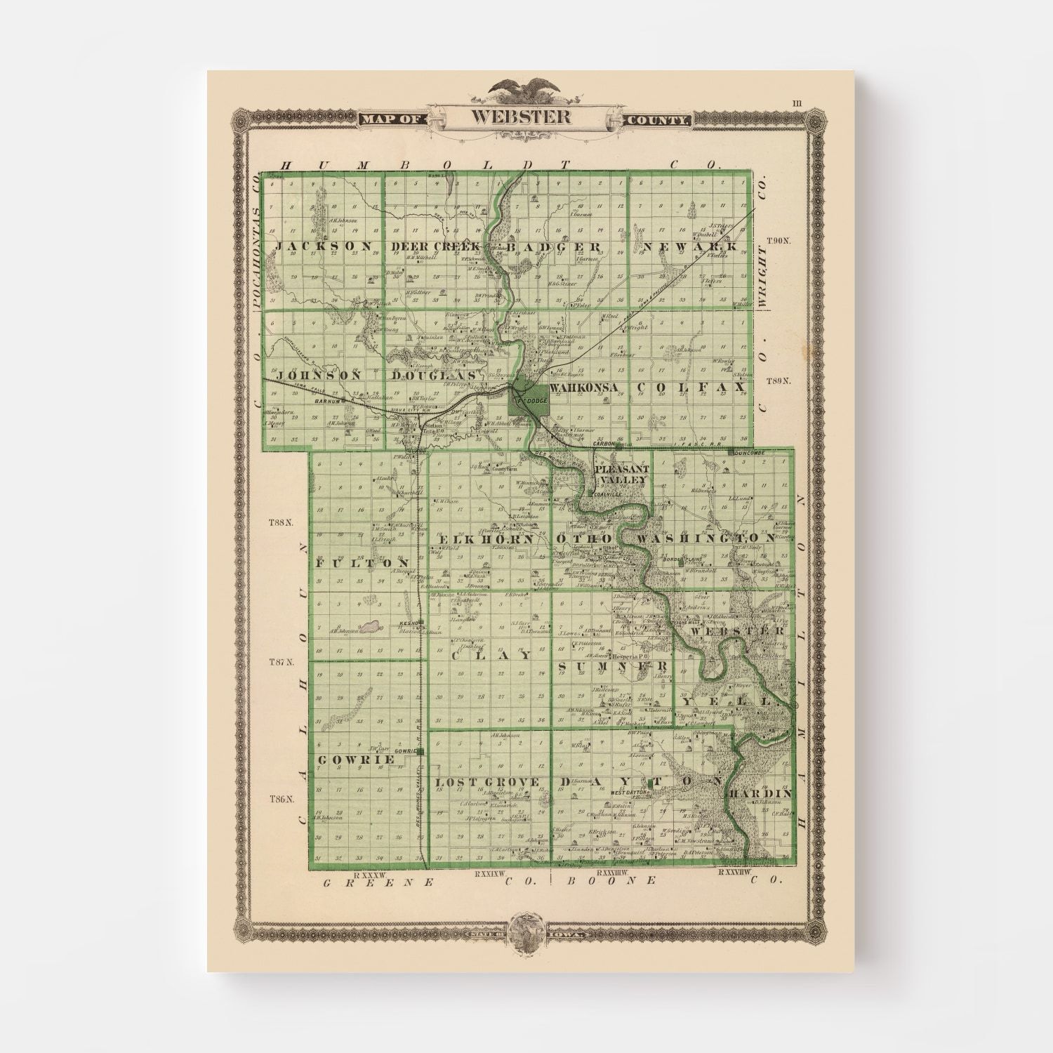 Vintage Map of Webster County, Iowa 1875 by Ted's Vintage Art